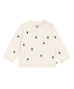 PETIT BATEAU - BBY - BABY KNIT SWEATER WITH EVERGREEN TREE EMBROIDERY - WHITE GREEN