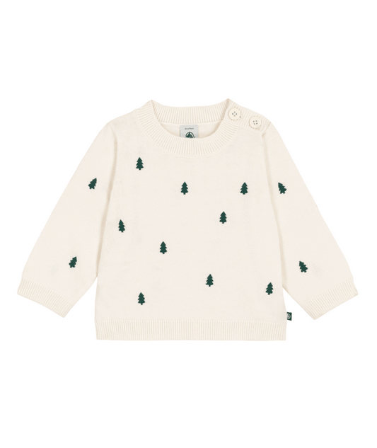 PETIT BATEAU - BBY - BABY KNIT SWEATER WITH EVERGREEN TREE EMBROIDERY - WHITE GREEN
