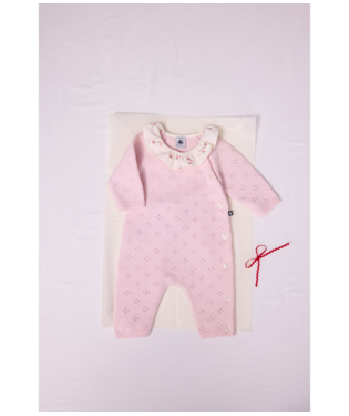 PETIT BATEAU - BBY - BABY GIRL KNIT LS ROMPER WITH FLORAL COLLAR - PINK