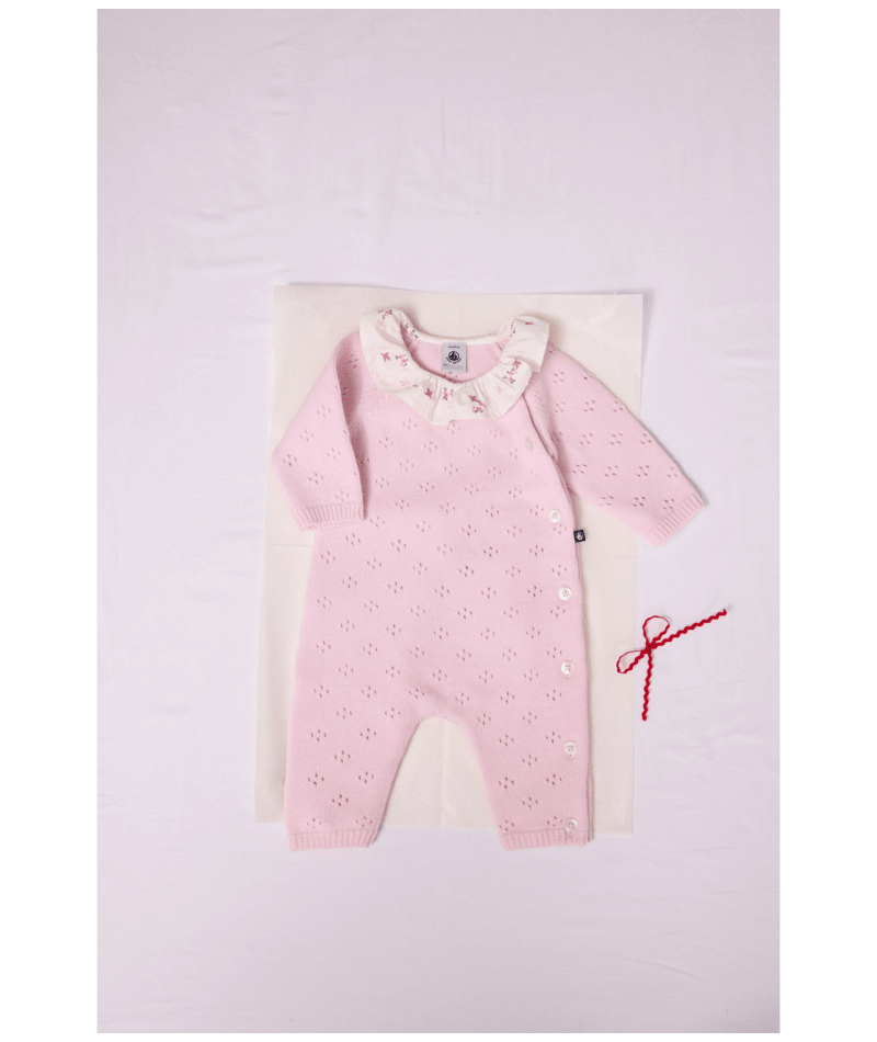 PETIT BATEAU - BBY - BABY GIRL KNIT LS ROMPER WITH FLORAL COLLAR - PINK