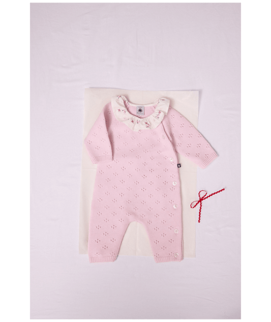 PETIT BATEAU - BBY - BABY GIRL KNIT LS ROMPER WITH FLORAL COLLAR - PINK