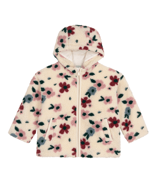 PETIT BATEAU BG GIRL HOODED SHERPA FLORAL JACKET CREAM MULTI