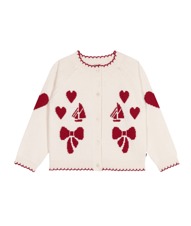 PETIT BATEAU - TG - GIRL CARDIGAN WITH BOAT AND HEART DETAIL - WHITE RED