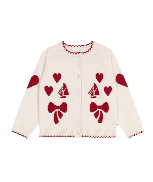 PETIT BATEAU - TG - GIRL CARDIGAN WITH BOAT AND HEART DETAIL - WHITE RED