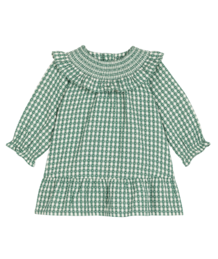 PETIT BATEAU - BBY - BABY GIRL LS CHECK HEART PRINT DRESS - WHITE GREEN