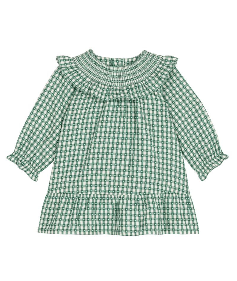 PETIT BATEAU - BBY - BABY GIRL LS CHECK HEART PRINT DRESS - WHITE GREEN