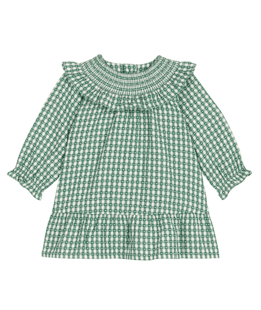 PETIT BATEAU - BBY - BABY GIRL LS CHECK HEART PRINT DRESS - WHITE GREEN