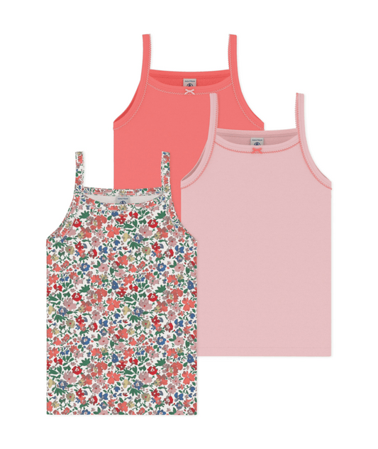 PETIT BATEAU BG GIRL 3 PACK FLORAL AND SOLID CAMISOLE PINK MULTI