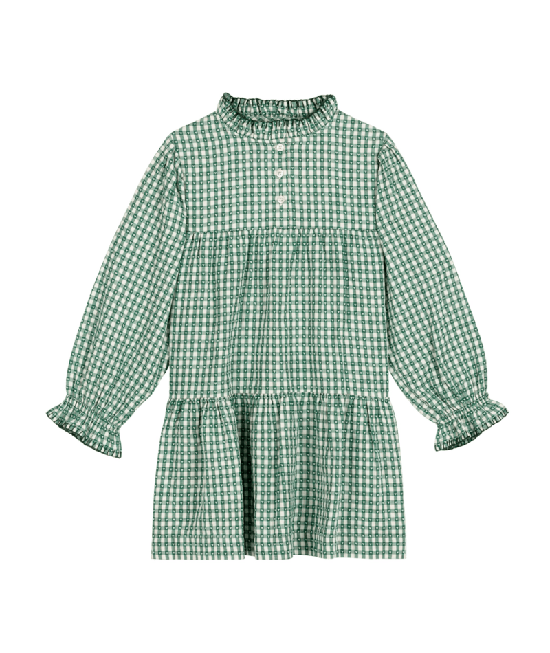 PETIT BATEAU - TG - GIRL LS CHECK AND HEART PRINT DRESS - WHITE GREEN