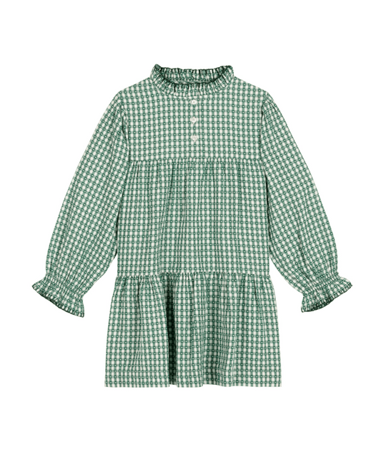 PETIT BATEAU - TG - GIRL LS CHECK AND HEART PRINT DRESS - WHITE GREEN