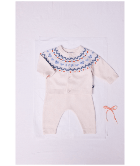 PETIT BATEAU - BBY - BABY 2PC KNIT SET CARDIGAN AND PANTS - CREAM BLUE