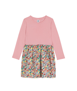 PETIT BATEAU TG GIRL LS SOLID TOP FLORAL BOTTOM DRESS PINK MULTI