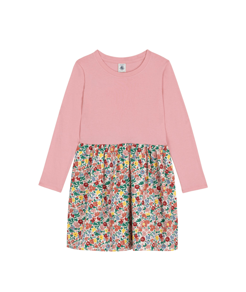 PETIT BATEAU BG GIRL LS SOLID TOP FLORAL BOTTOM DRESS PINK MULTI