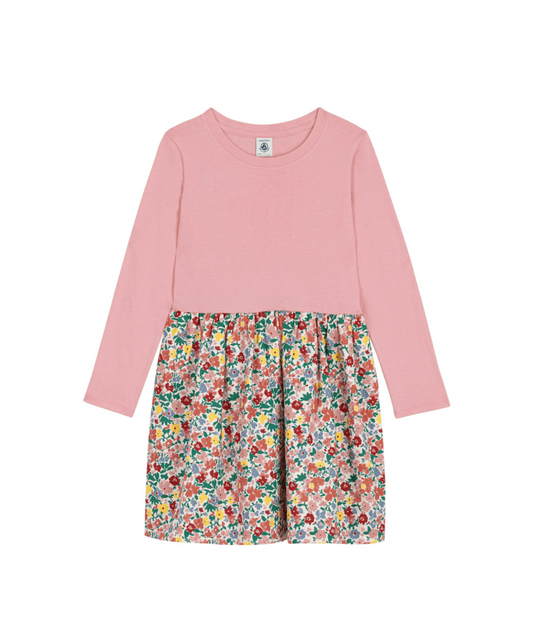 PETIT BATEAU BG GIRL LS SOLID TOP FLORAL BOTTOM DRESS PINK MULTI