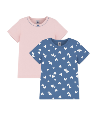 PETIT BATEAU TG GIRL 2 PACK SS HEART PRINT AND SOLID TEE PINK BLUE