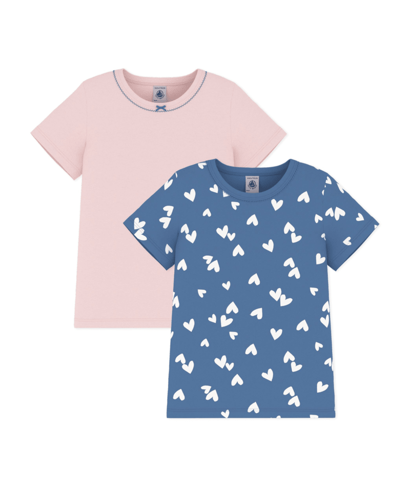 PETIT BATEAU TG GIRL 2 PACK SS HEART PRINT AND SOLID TEE PINK BLUE