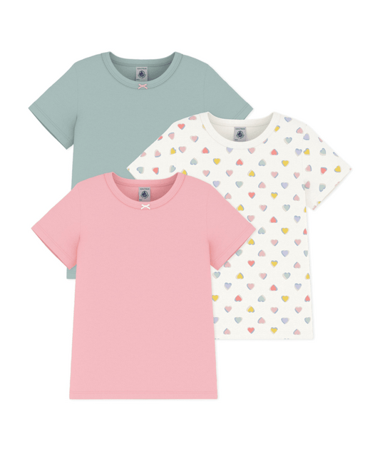 PETIT BATEAU TG GIRL 3 PACK SS HEART PRINT AND SOLID TEE MULTI