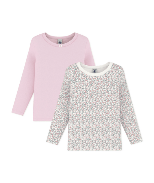PETIT BATEAU TG GIRL 2 PACK LS FLORAL AND SOLID TEE PINK MULTI