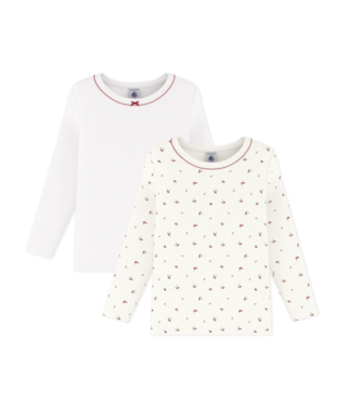 PETIT BATEAU TG GIRL 2 PACK LS FLORAL AND SOLID TEE WHITE MULTI