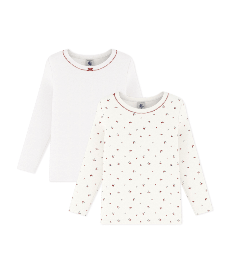 PETIT BATEAU TG GIRL 2 PACK LS FLORAL AND SOLID TEE WHITE MULTI