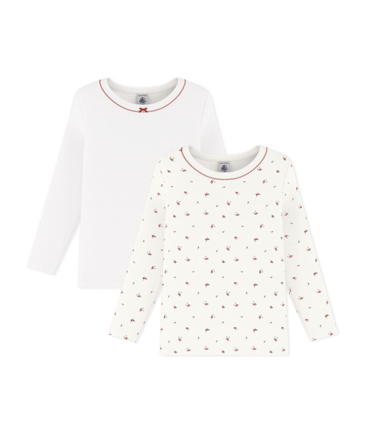 PETIT BATEAU TG GIRL 2 PACK LS FLORAL AND SOLID TEE WHITE MULTI
