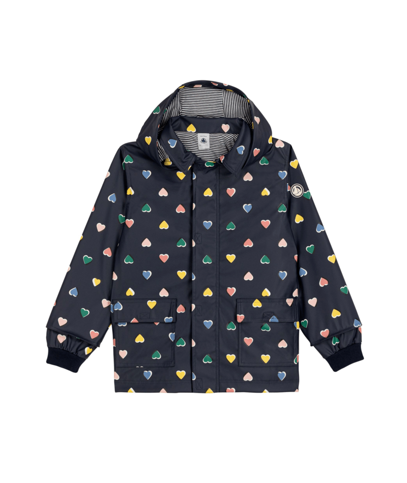 PETIT BATEAU BG GIRL MULTI HEART PRINT HOODED RAIN JACKET NAVY MULTI