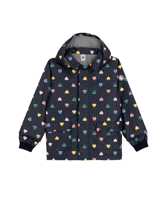 PETIT BATEAU BG GIRL MULTI HEART PRINT HOODED RAIN JACKET NAVY MULTI