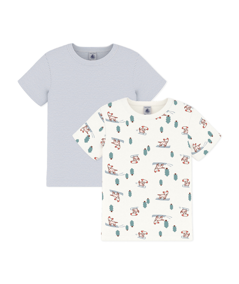 PETIT BATEAU TB BOY 2 PACK SS STRIPE AND DOG PRINT TEE MULTI