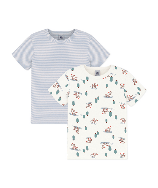 PETIT BATEAU TB BOY 2 PACK SS STRIPE AND DOG PRINT TEE MULTI