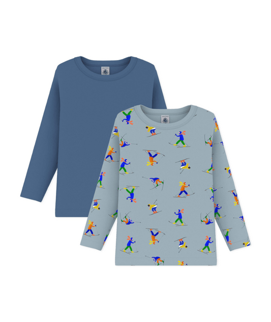 PETIT BATEAU TB BOY 2 PACK LS SKI PRINT AND SOLID TEE BLUE MULTI