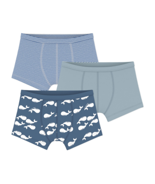 PETIT BATEAU BB BOY 3 PACK STRIPE WHALE PRINT AND SOLID BOXERS BLUE MULTI
