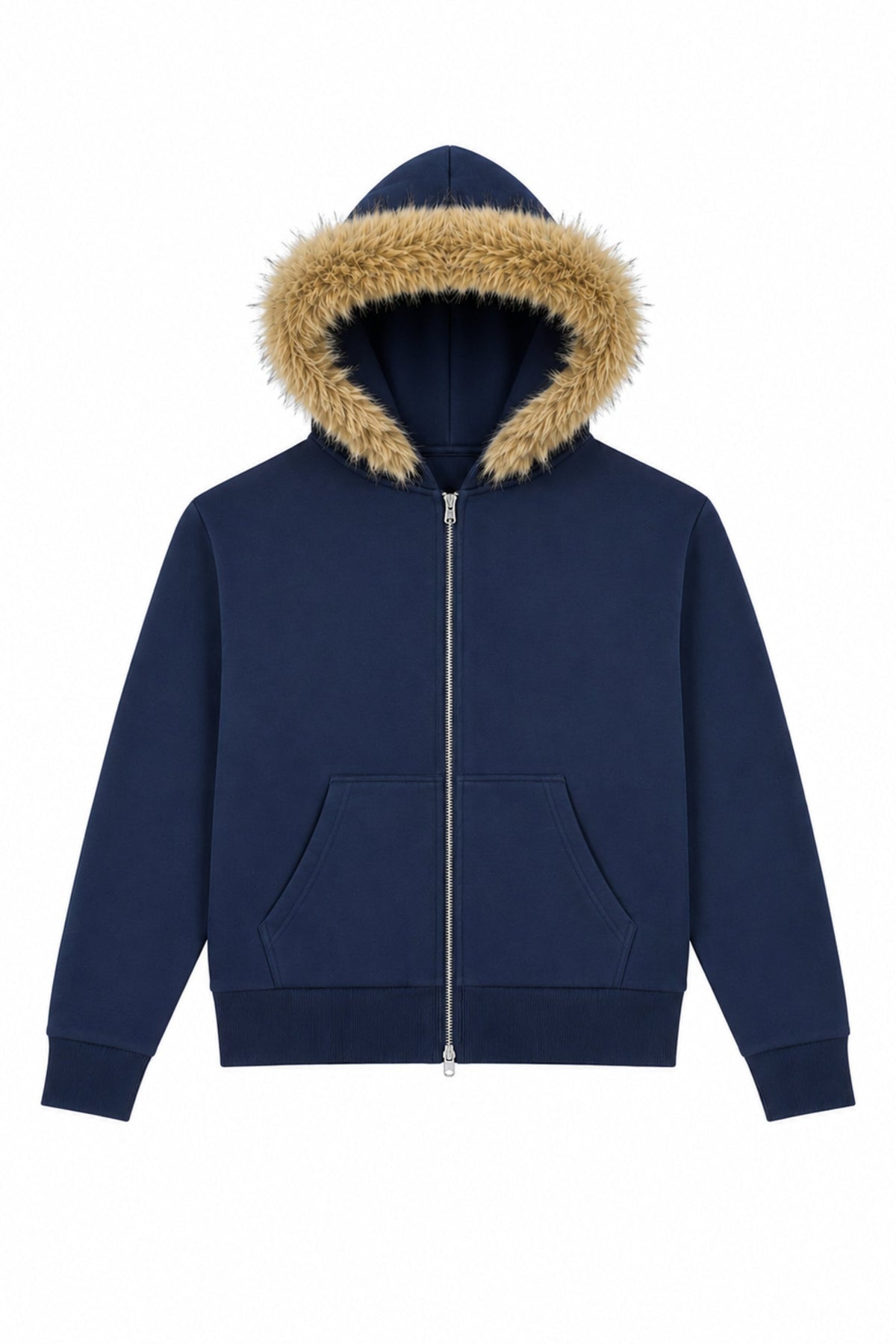 KATIE J NYC ADRIANNA FUR HOOD ZIP UP EVENING BLUE