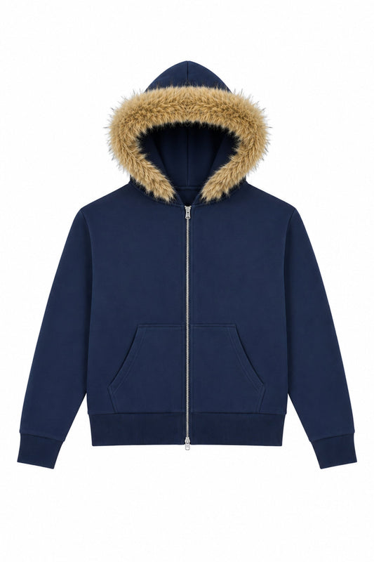 KATIE J NYC ADRIANNA FUR HOOD ZIP UP EVENING BLUE