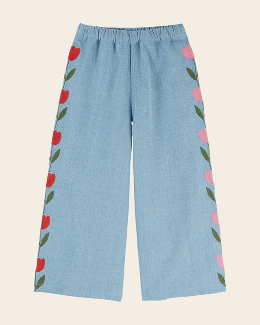 ÉMILE ET IDA - BG - PANTALON DENIM BRODE TULIPE - BLEU DELAVE