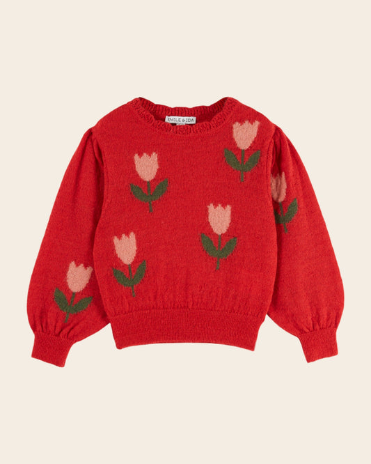 ÉMILE ET IDA - BBY - PULL INTARSIA TULIPES - TULIPE MARS