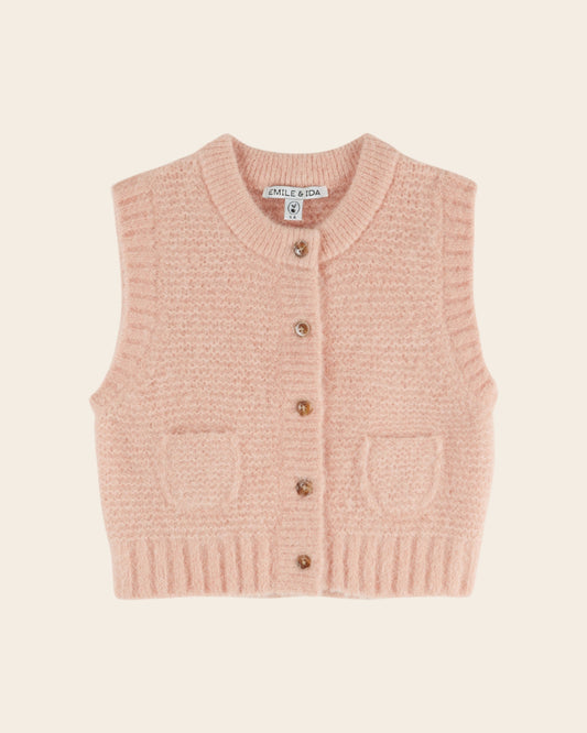 ÉMILE ET IDA - TG - CARDIGAN SANS MANCHES - ROSE PASTEL