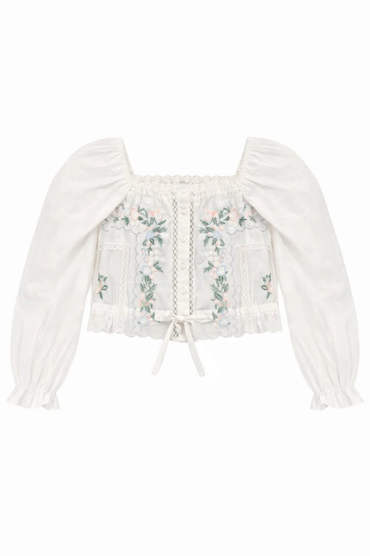 KATIE J NYC - BG - TWEEN ALLEGRA FLORAL EMBROIDERED LONG SLEEVE TOP - CREAM/SILVER LUREX