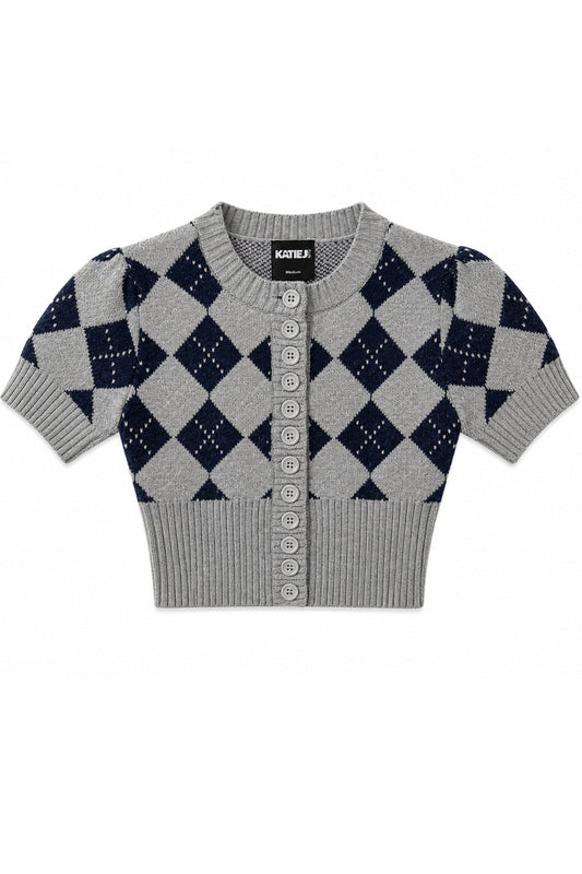 KATIE J NYC APOLLO JACQUARD KNIT SWEATER HEATHER GREY ARGYLE