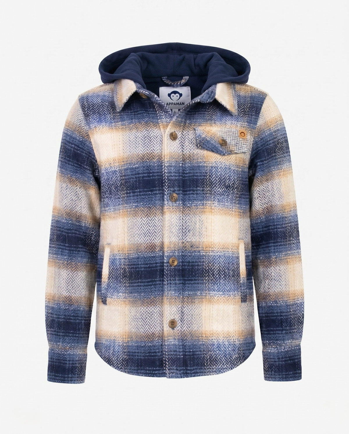 APPAMAN - Blue Herringbone Plaid Glen Hooded Shirt