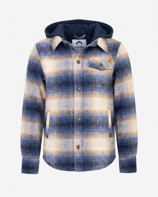 APPAMAN - Blue Herringbone Plaid Glen Hooded Shirt
