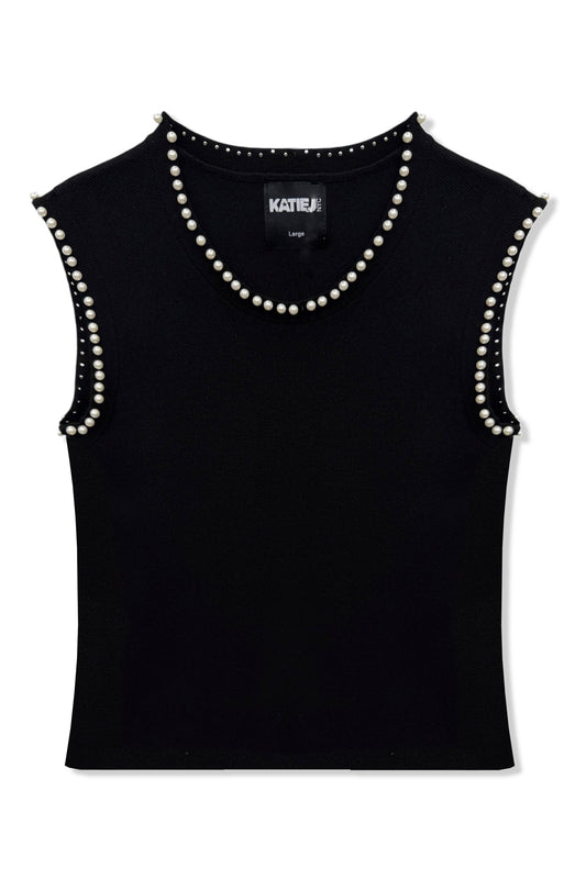 KATIE J NYC BUFFY PEARL TRIM SLEEVELESS TOP BLACK