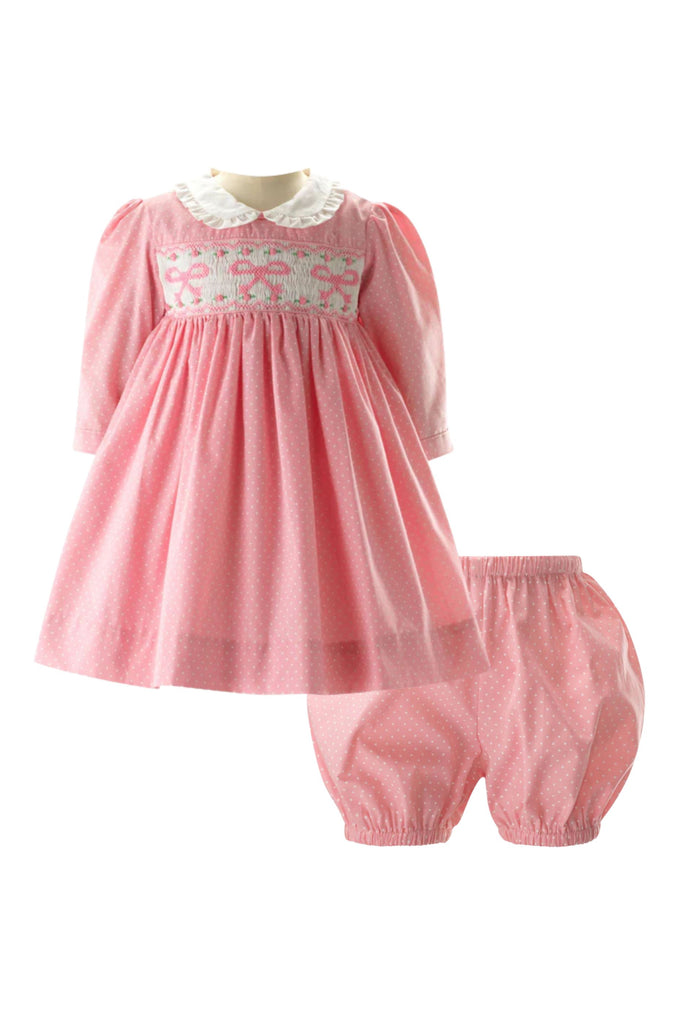 Rachel Riley - Pindot Bow Smocked Dress & Bloomers Set