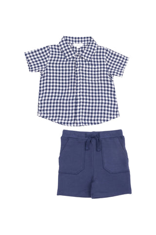 Angel Dear - Navy Gingham Button Down Polo With French Terry Short