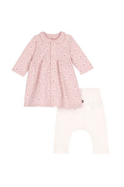 Petit Bateau - Pink and White Baby Girl Floral Dress with Leggings