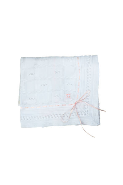 White/Pink Ribbon Pointelle Knit Blanket