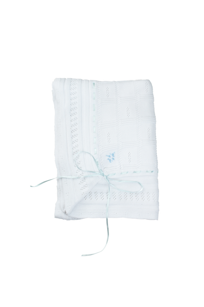 White/Blue Ribbon Pointelle Knit Blanket