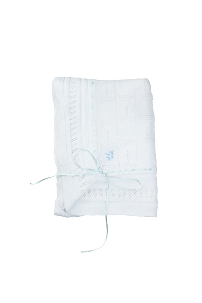 White/Blue Ribbon Pointelle Knit Blanket