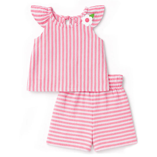 FLORENCE EISEMAN - TG - STRIPE GAUZE TOP AND SHORTS - CORAL/WHITE