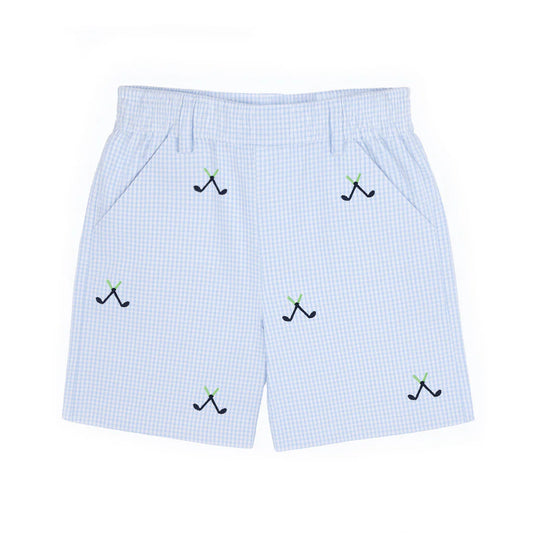 FLORENCE EISEMAN - TB - CHECK SEERSUCKER SHORT W/EMB GOLF CLUBS - WHITE