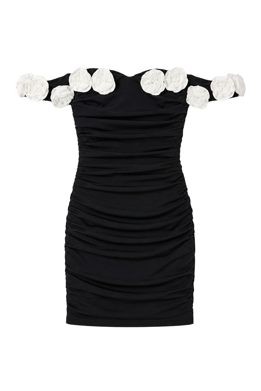 THEME - BG - CAMERON OFF THE SHOULDER MINI DRESS - BLACK WITH WHITE ROSES